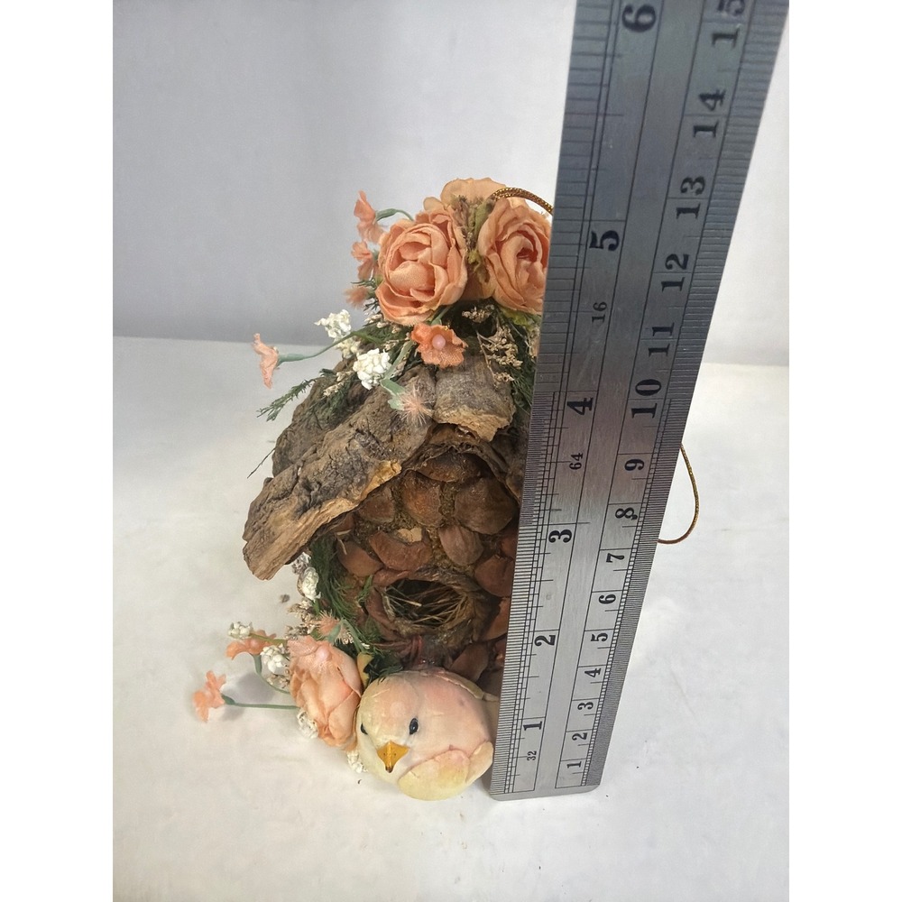 Rustic Bark and Nut Shell Birdhouse Ornament Peach Floral Accents - Picture 8 of 10